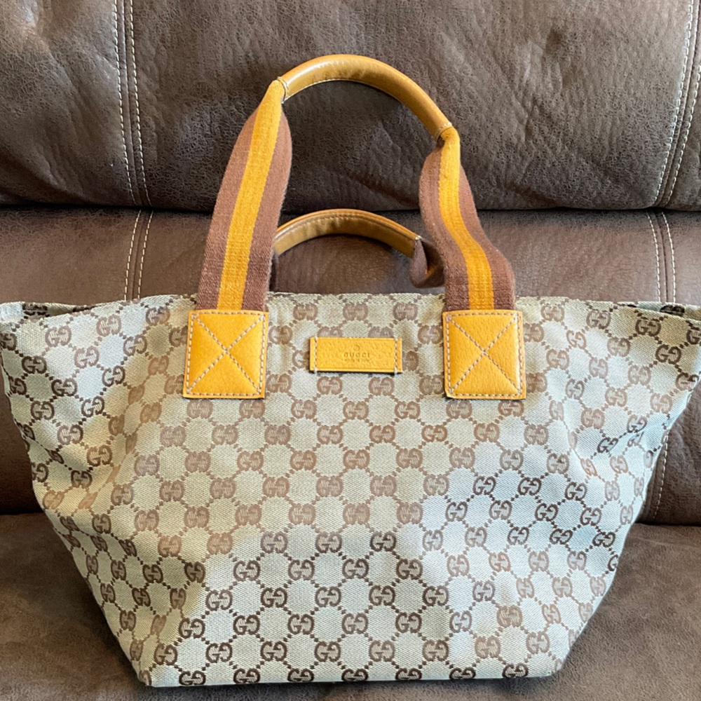 Gucci Beige and Brown Tote with Bold Yellow Highlights
